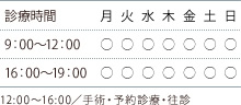 診療時間 9:00~12:00 16:00~19:00 時間外診療ご希望の場合は、電話連絡後にご来院ください。定休日:不定休