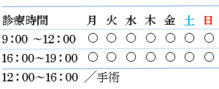 診療時間 9:00～12:00 16:00～19:00 12:00～16:00／手術・予約診療・往診